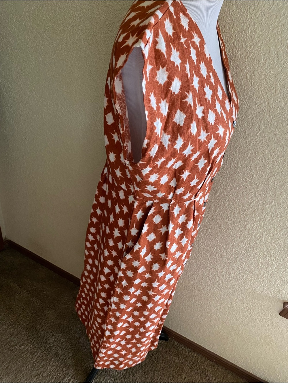Garnet Hill Linen Midi Dress Rust Brown Star-Print Button Front Dress Sleeveless - Picture 6 of 13